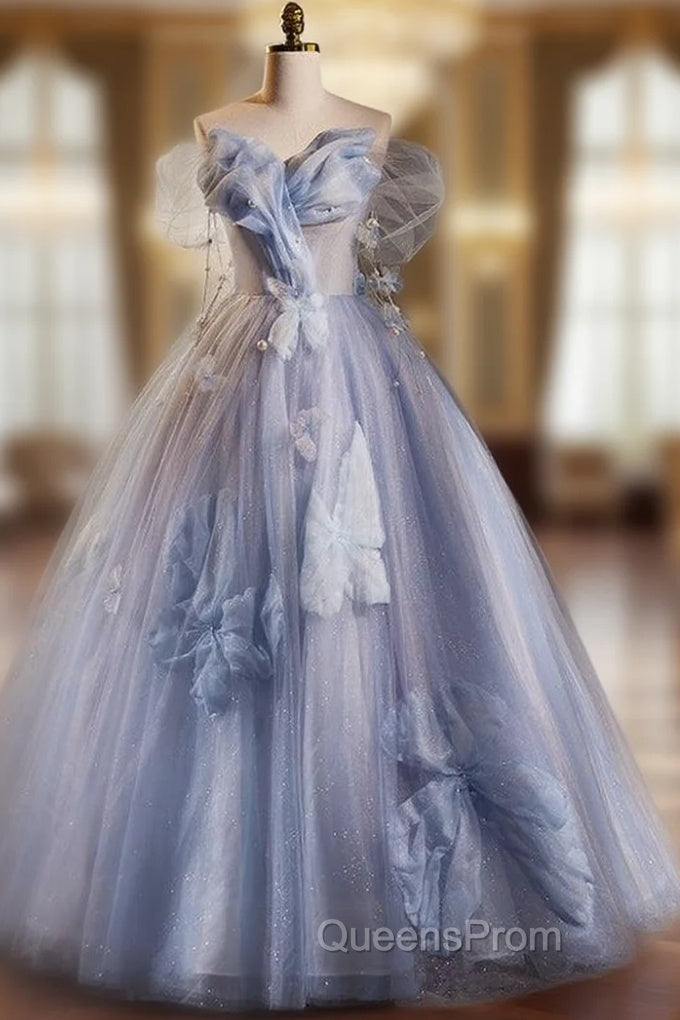 Blue Ball Gown Tulle Sequins Off the Shoulder Beading Evening Prom Dress Main image
