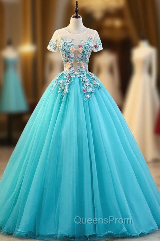 Blue Ball Gown Tulle Short Sleeve Appliques Quinceanera Dress