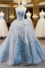 Blue Ball Gown Tulle Sweetheart Sleevelss Princess Evening Prom Dress With Train