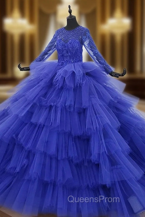 Blue Ball Gown Tulle Tiers Long Sleeve Beading Wedding Dress