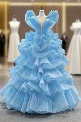 Blue Ball Gown Tulle Tiers See Through V-neck Evening Prom Dress