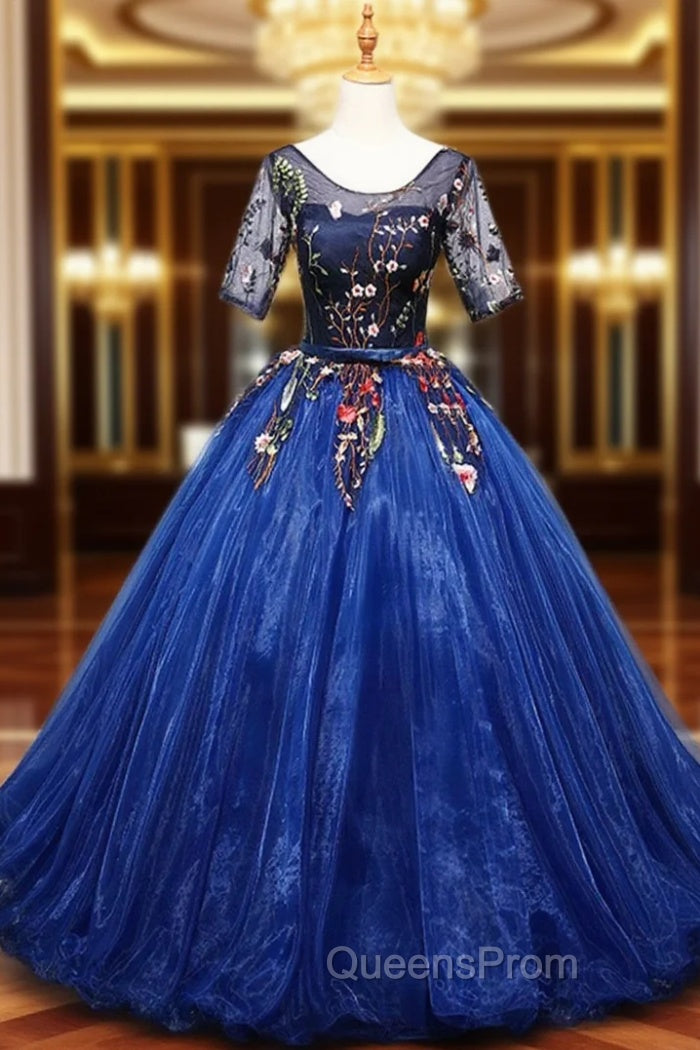 Blue Ball Gown Tulle with Lace Short Sleeves Party Dress, Blue Sweet 16 Dress Main image