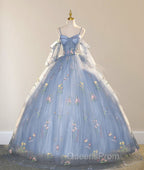 Blue Ball Gown with Scattered Little Flower Evening Prom Dress