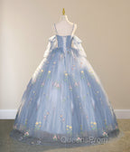 Blue Ball Gown with Scattered Little Flower Evening Prom Dress