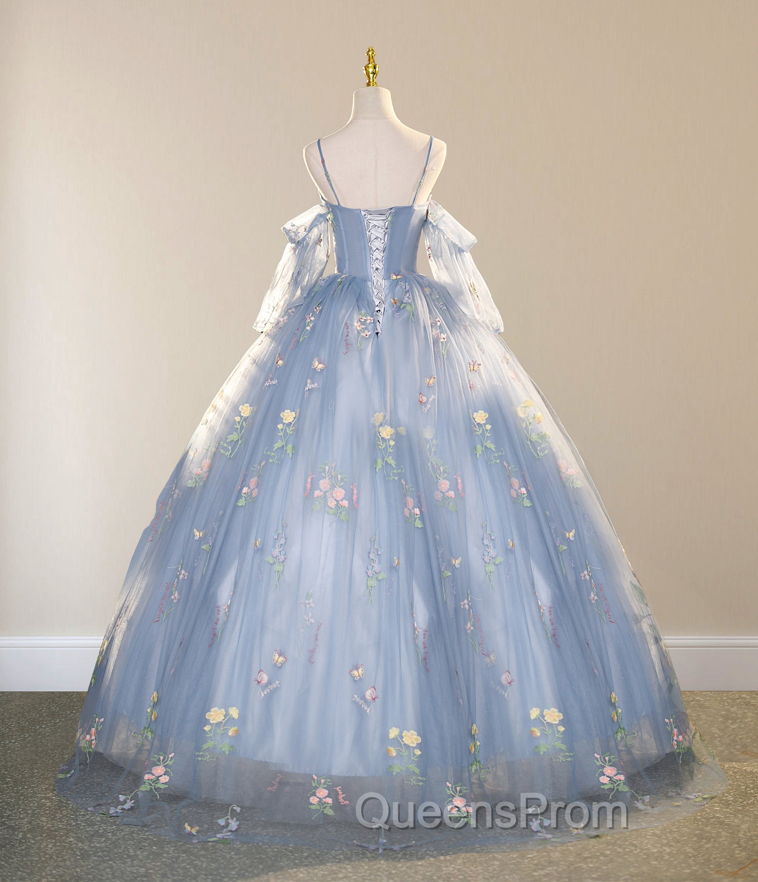 Blue Ball Gown with Scattered Little Flower Evening Prom Dress