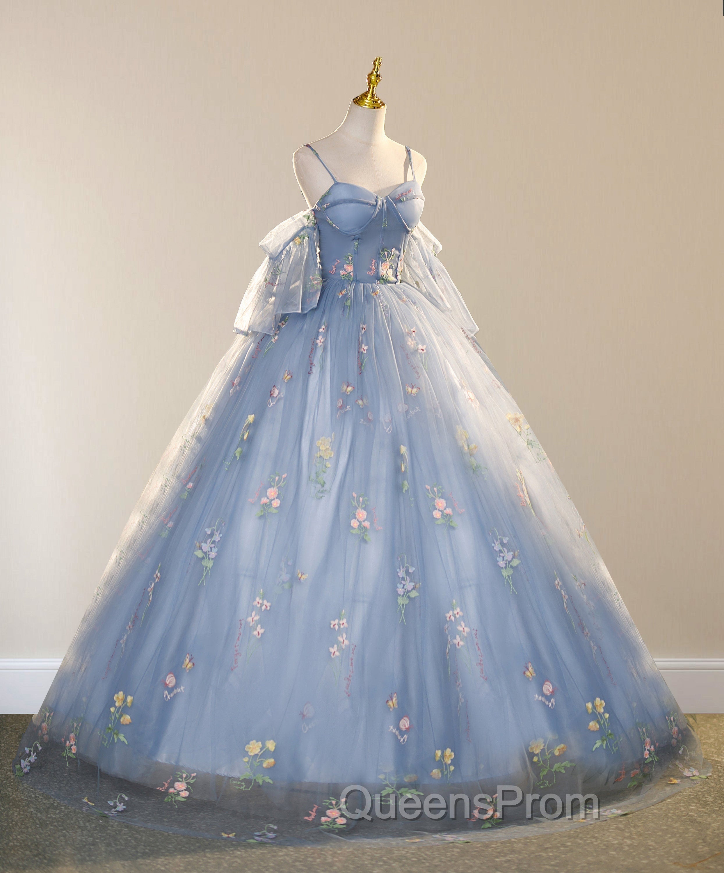 Blue Ball Gown with Scattered Little Flower Evening Prom Dress