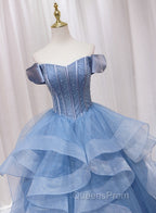 Blue Beaded Off Shoulder Tulle Long Evening Dress, Blue Evening Dress Evening Prom Dress