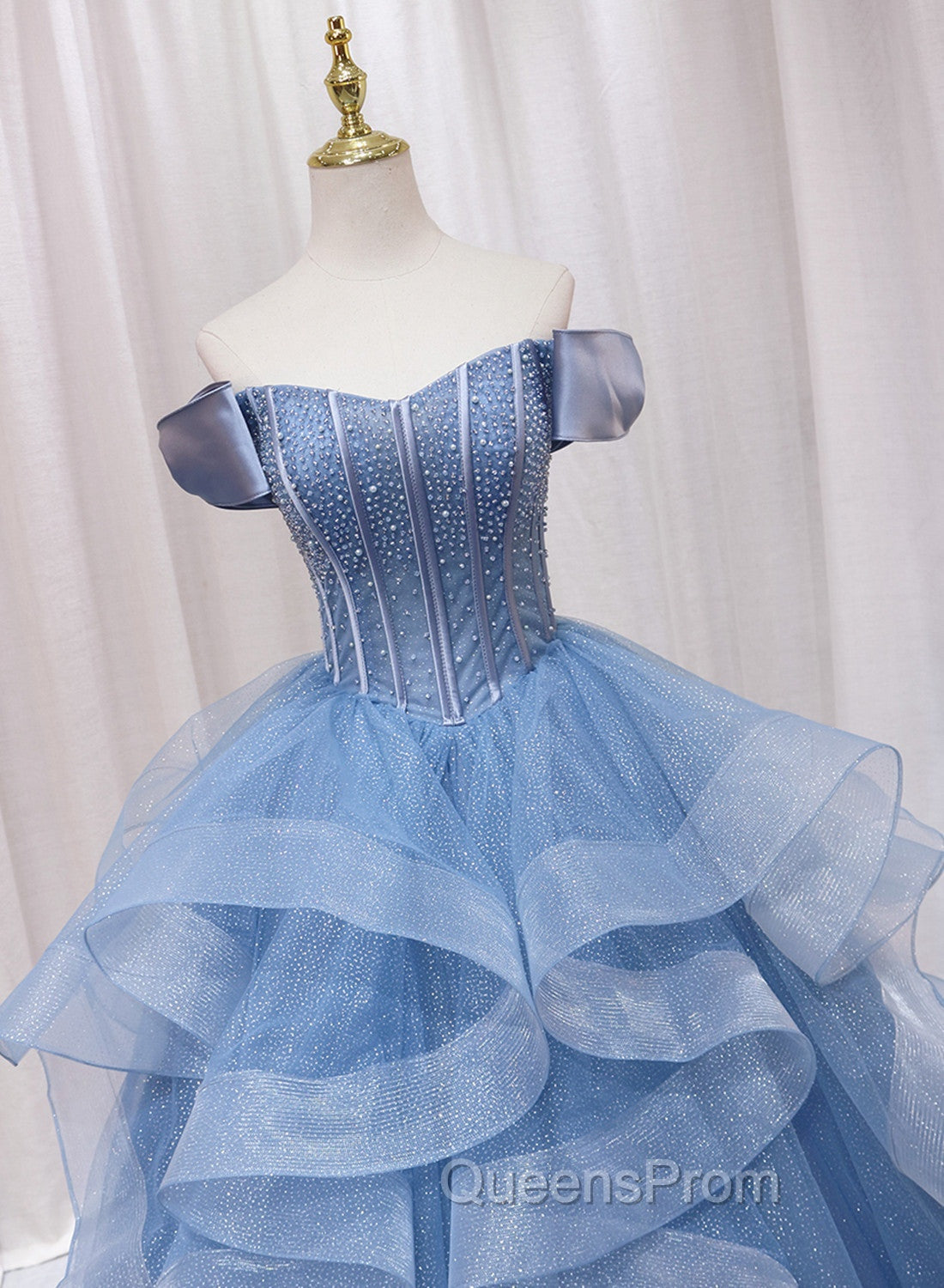 Blue Beaded Off Shoulder Tulle Long Evening Dress, Blue Evening Dress Evening Prom Dress