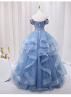 Blue Beaded Off Shoulder Tulle Long Evening Dress, Blue Evening Dress Evening Prom Dress
