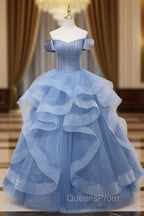 Blue Beaded Off Shoulder Tulle Long Evening Dress, Blue Evening Dress Evening Prom Dress