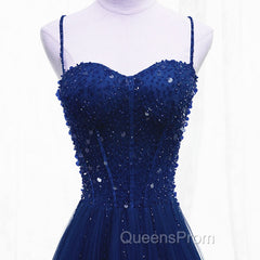 Blue Beaded Straps A-line Tulle New Evening Prom Dress Party Dress, Blue Floor Length Party Dress