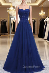 Blue Beaded Straps A-line Tulle New Evening Prom Dress Party Dress, Blue Floor Length Party Dress
