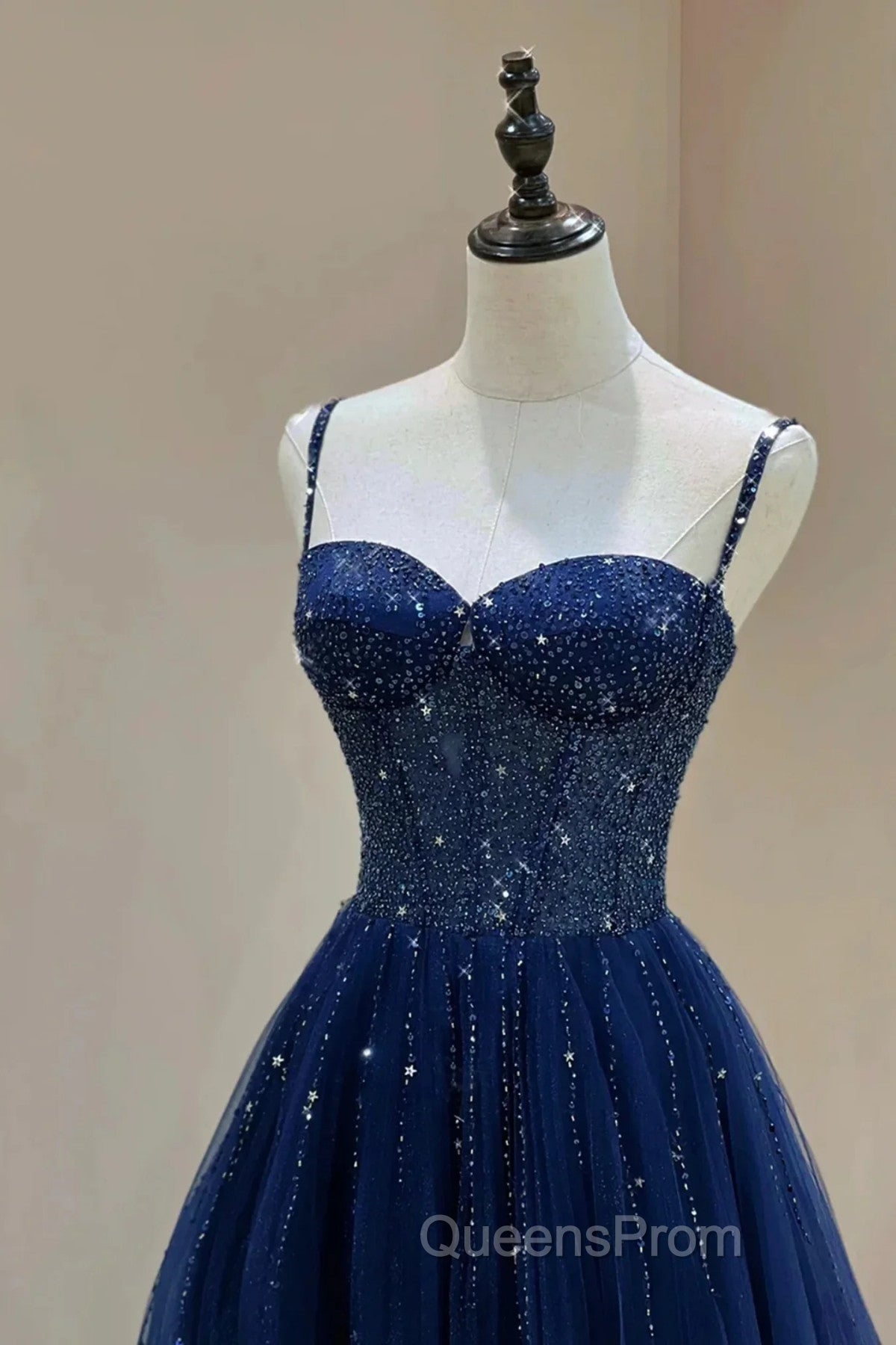 Blue Beaded Sweetheart Tulle A-line Evening Prom Dress, Blue Long Party Dress Secondary image