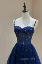 Blue Beaded Sweetheart Tulle A-line Evening Prom Dress, Blue Long Party Dress