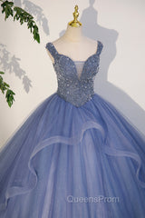 Blue Beaded Tulle Long A-Line Evening Prom Dress, Blue Evening Dress
