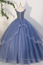 Blue Beaded Tulle Long A-Line Evening Prom Dress, Blue Evening Dress