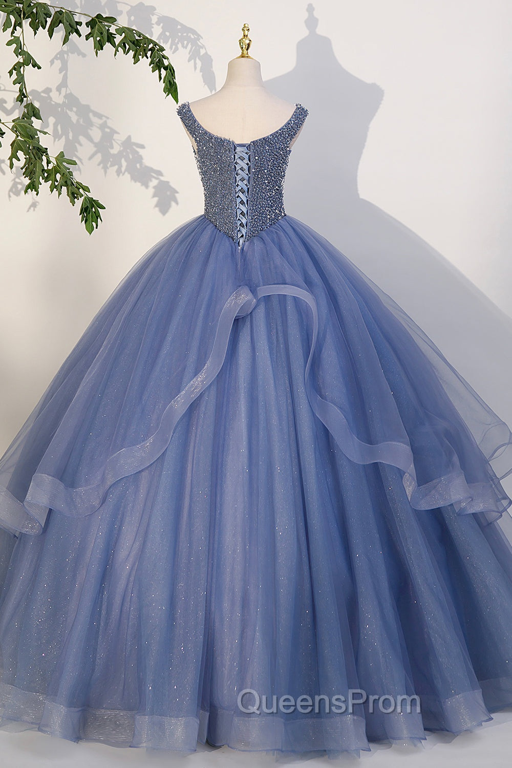 Blue Beaded Tulle Long A-Line Evening Prom Dress, Blue Evening Dress