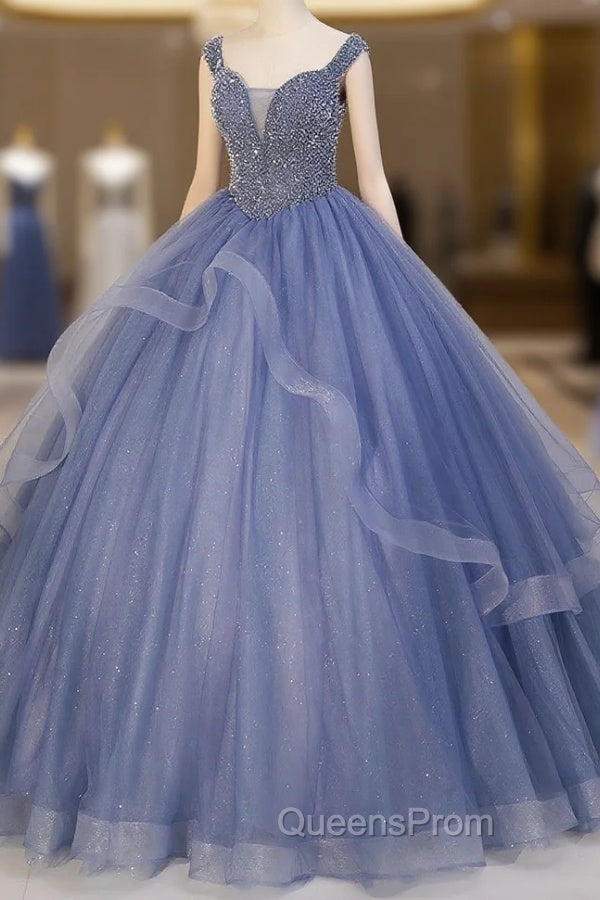 Blue Beaded Tulle Long A-Line Evening Prom Dress, Blue Evening Dress
