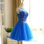 Blue Beaded Tulle Short Cute Homecoming Dress, Blue Short Party Dress Evening Prom Dress