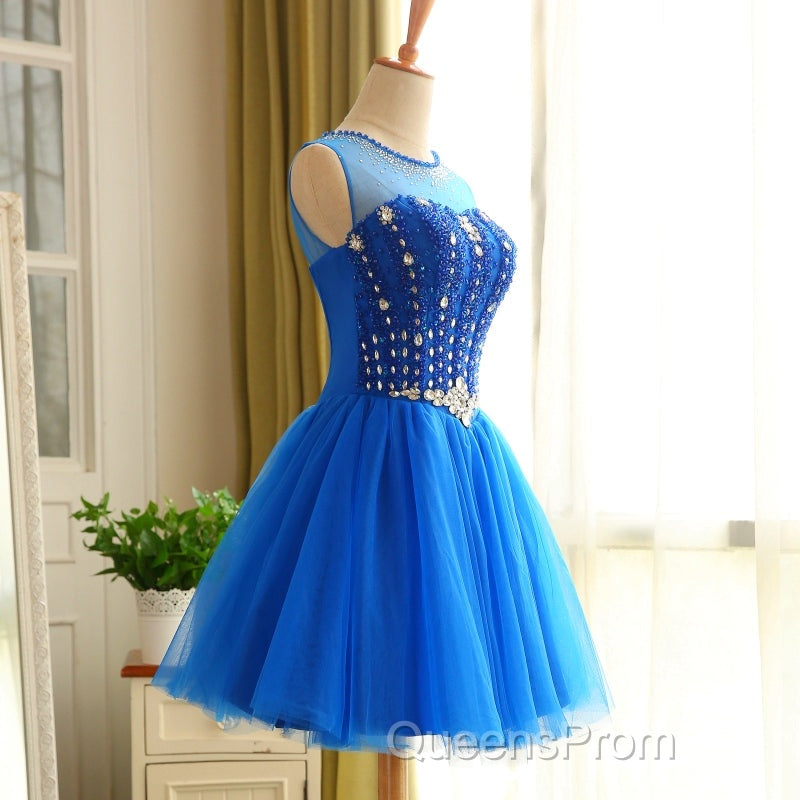 Blue Beaded Tulle Short Cute Homecoming Dress, Blue Short Party Dress Evening Prom Dress