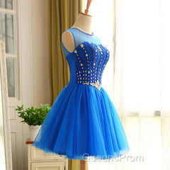 Blue Beaded Tulle Short Cute Homecoming Dress, Blue Short Party Dress Evening Prom Dress
