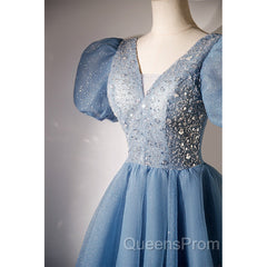 Blue Beaded Tulle Short Sleeves Evening Dress, Blue Homecoming Dress Evening Prom Dress