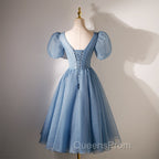 Blue Beaded Tulle Short Sleeves Evening Dress, Blue Homecoming Dress Evening Prom Dress