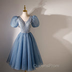 Blue Beaded Tulle Short Sleeves Evening Dress, Blue Homecoming Dress Evening Prom Dress