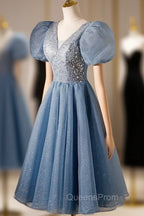 Blue Beaded Tulle Short Sleeves Evening Dress, Blue Homecoming Dress Evening Prom Dress