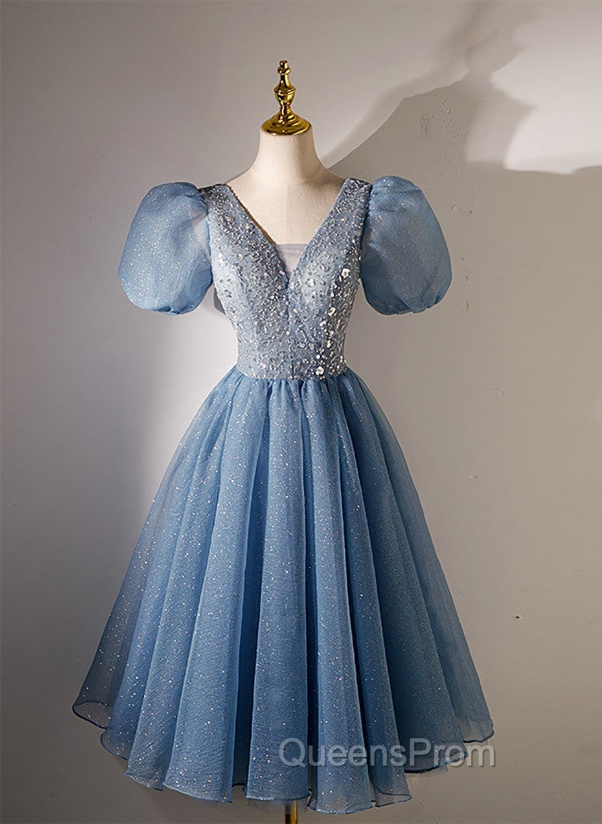 Blue Beaded Tulle Short Sleeves Evening Dress, Blue Homecoming Dress Evening Prom Dress