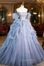 Blue Cascading Ruffles Long Evening Prom Dress, A-Line Strapless Short Sleeve Sweep Train Evening Dress