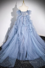Blue Cascading Ruffles Long Evening Prom Dress, A-Line Strapless Short Sleeve Sweep Train Evening Dress