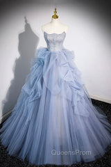 Blue Cascading Ruffles Long Evening Prom Dress, A-Line Strapless Short Sleeve Sweep Train Evening Dress