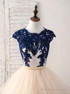 Blue/Champagne Tulle Lace Applique Long Prom Dress, Evening Dress