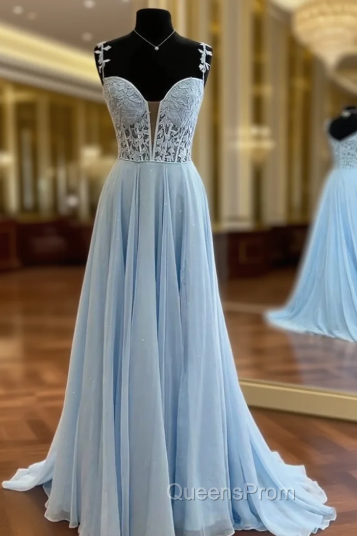 Blue Chiffon Appliques Straps Evening Prom Dress