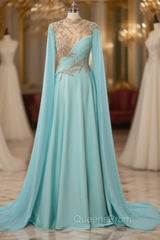 Blue Chiffon Beading High Neck Evening Prom Dress