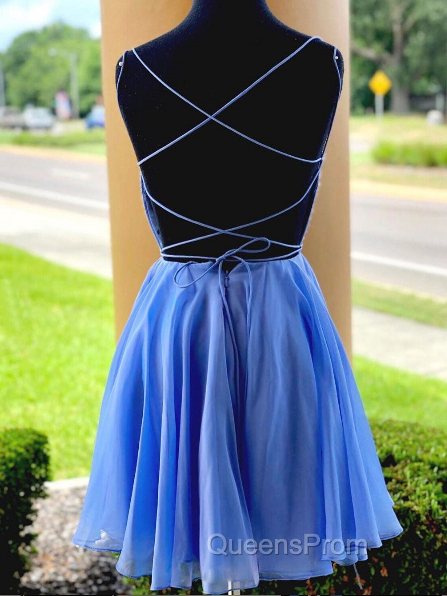 Blue Chiffon Beads Backless Short Evening Prom Dress, Blue Homecoming Dress Secondary image