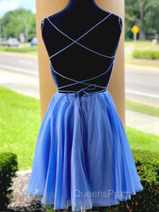 Blue Chiffon Beads Backless Short Evening Prom Dress, Blue Homecoming Dress