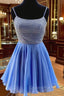 Blue Chiffon Beads Backless Short Evening Prom Dress, Blue Homecoming Dress