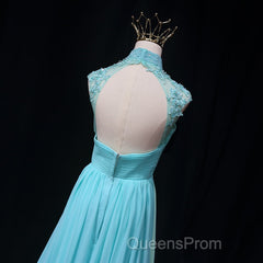 Blue Chiffon Lace And Beaded Cap Sleeves Evening Prom Party Dress, A-Line Chiffon Formal Dress