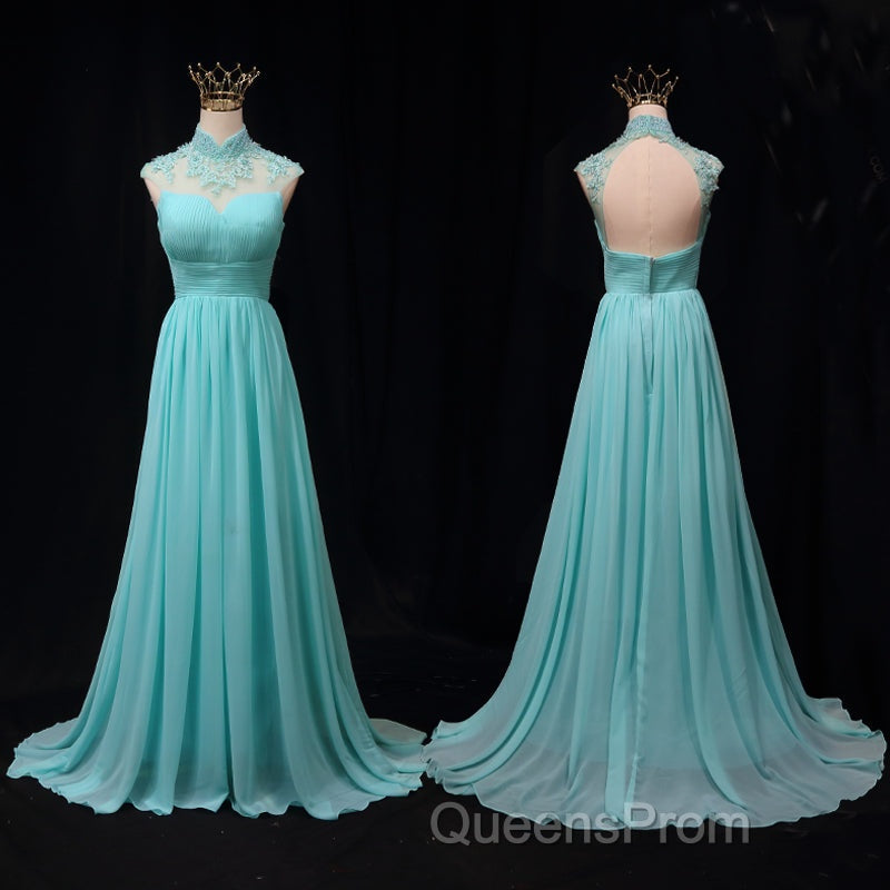 Blue Chiffon Lace And Beaded Cap Sleeves Evening Prom Party Dress, A-Line Chiffon Formal Dress