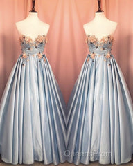 Blue Corset Long Satin Dress With 3D Flowers