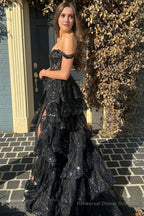 Blue Corset Tiered Lace Prom Dress with Slit