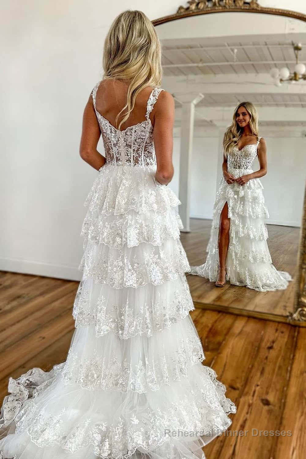 Blue Corset Tiered Lace Prom Dress with Slit