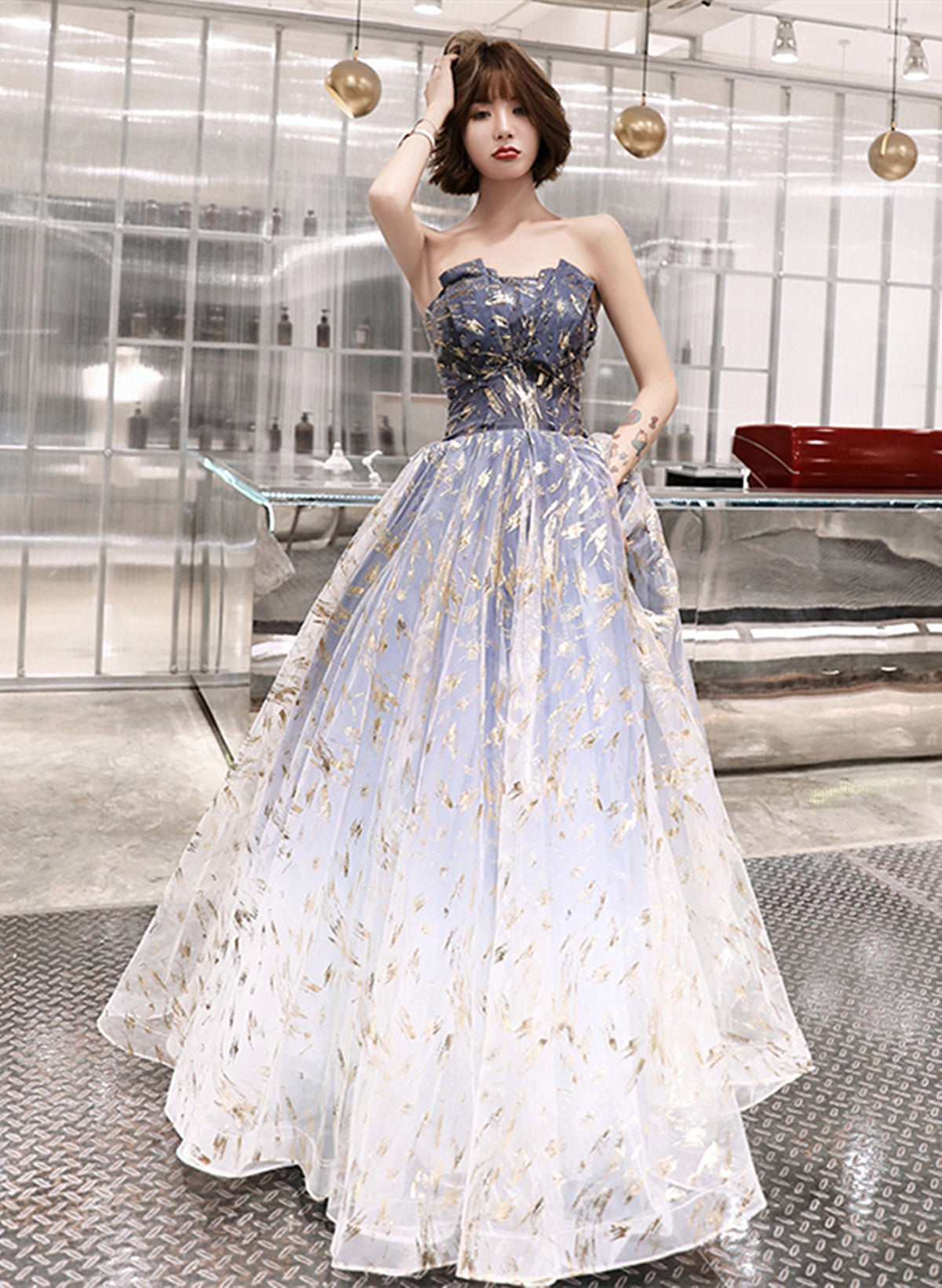 Blue Cute Tulle Gradient Long Party Dress, A-Line Blue Classy Prom Dress Classy Evening Dress