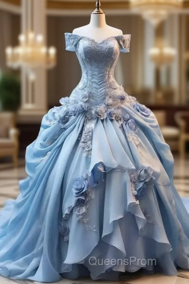 Blue Fairy 3D Floral Evening Prom Dress Bustle Ruched Sweet 16 Ball Gown Quinceanera Dress