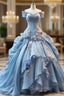 Blue Fairy 3D Floral Evening Prom Dress Bustle Ruched Sweet 16 Ball Gown Quinceanera Dress