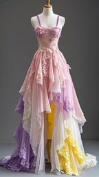 Blue Fairytale A-Line Hi-Lo Classy Prom Dress For Masquerade Tulle&Lace Applique Spaghetti Strap Classy Evening Dress