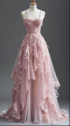 Blue Fairytale A-Line Hi-Lo Classy Prom Dress For Masquerade Tulle&Lace Applique Spaghetti Strap Classy Evening Dress