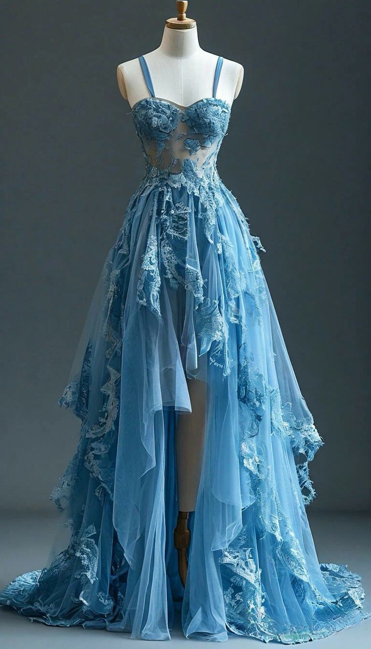 Blue Fairytale A-Line Hi-Lo Classy Prom Dress For Masquerade Tulle&Lace Applique Spaghetti Strap Classy Evening Dress